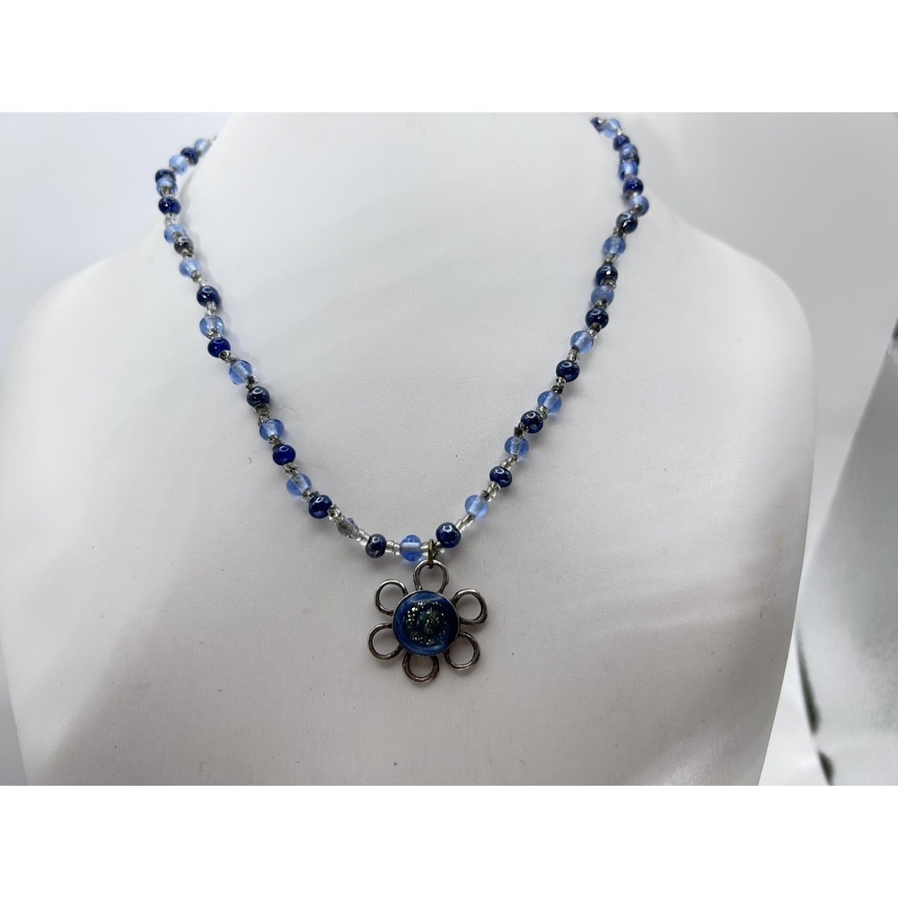 Necklace Blue Glass Beaded Flower Pendant Glitter Statement Fashion Jewelry